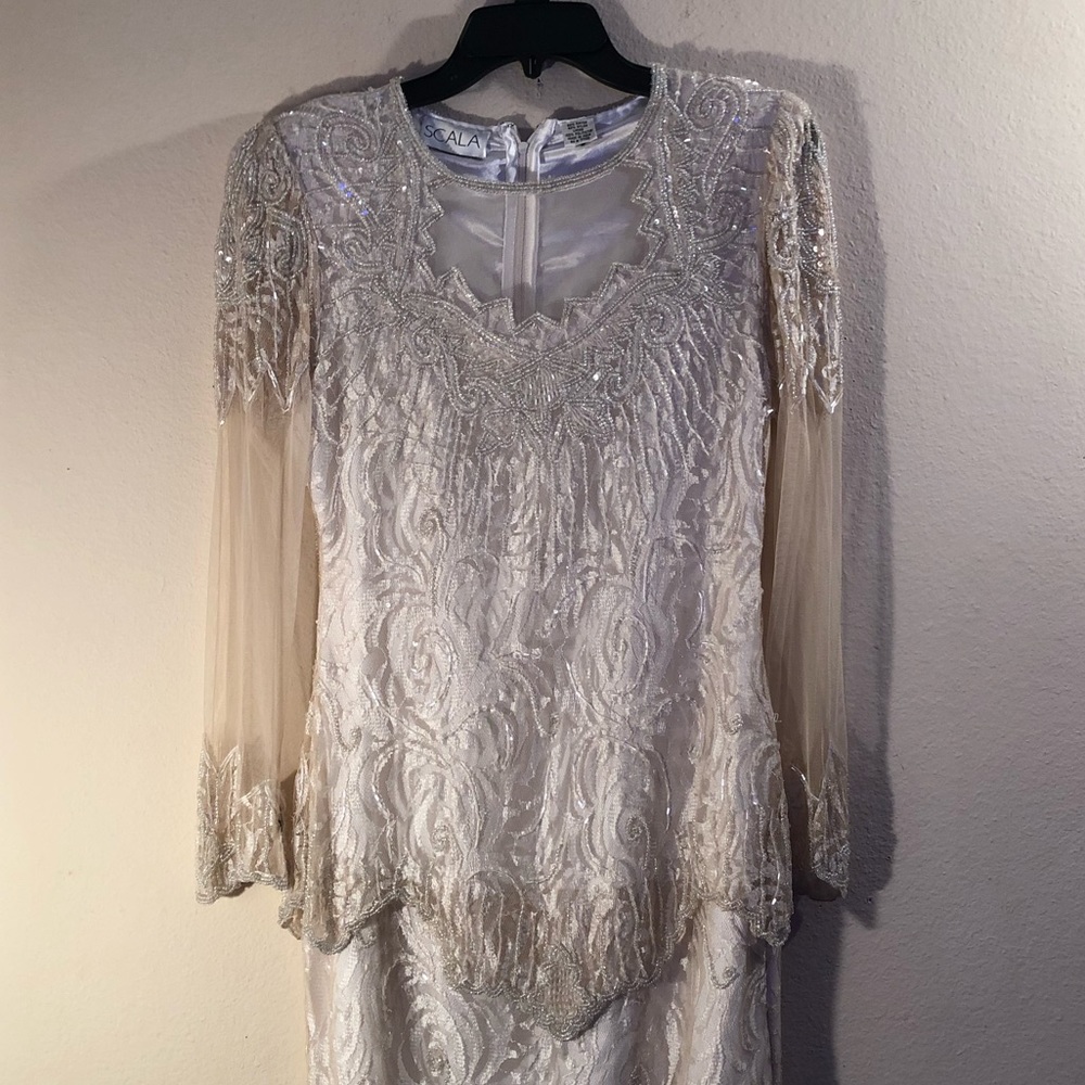 Scala Sequined Formal Champagne Wedding/Evening G… - image 1